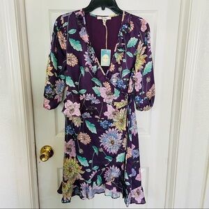 NWT ELLA MOON purple floral satin silky wrap floral mini ruffle dress size small